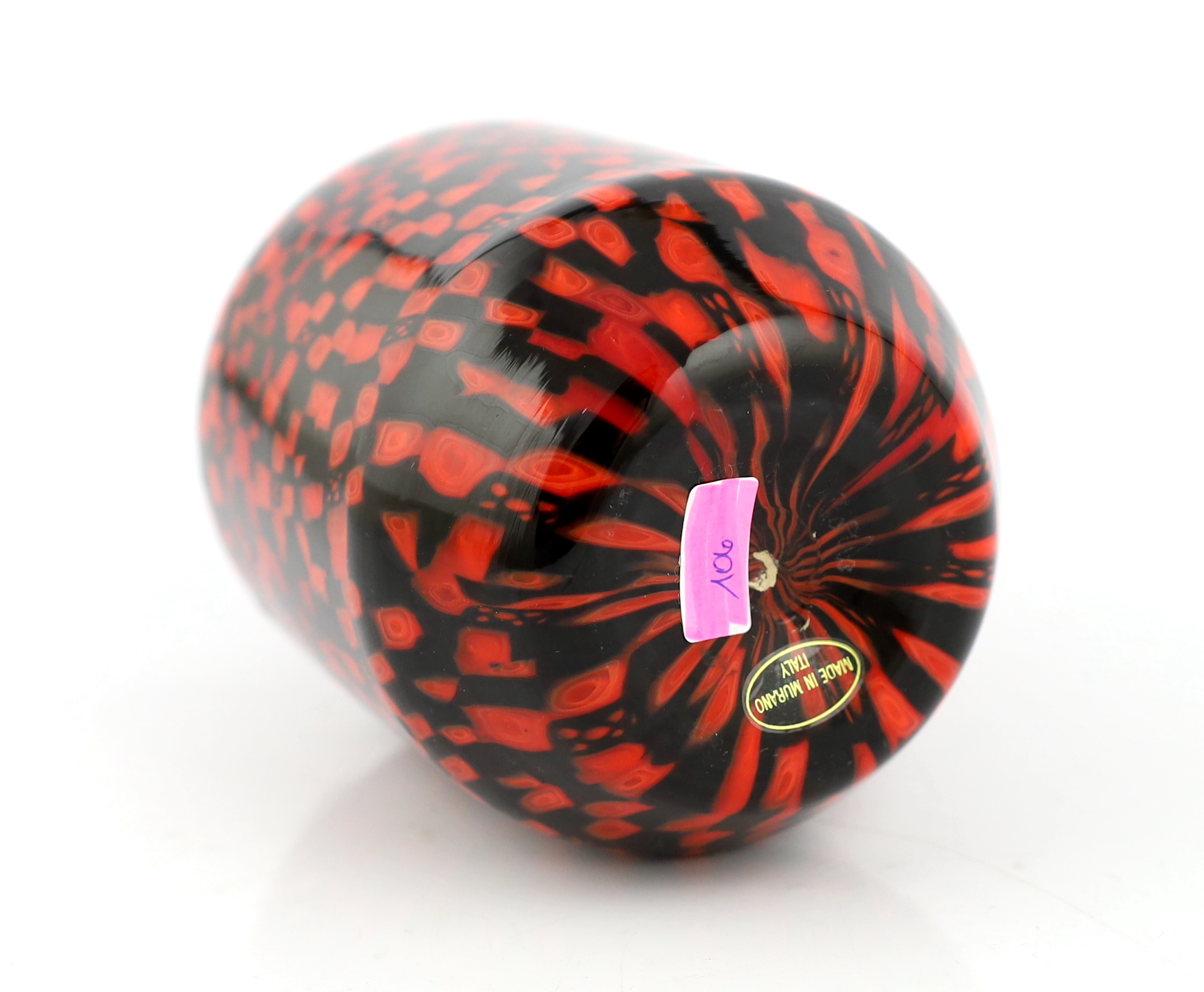 Vittorio Ferro (1932-2012) A Murano glass Murrine vase, in red and black, signed, 19cm, Please note this lot attracts an additional import tax of 20% on the hammer price